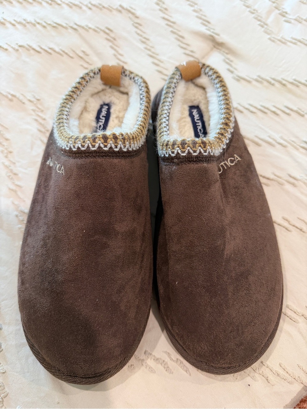 NAUTICA Brown Suede-Look Fleece Lined Slippers-Size 9/10